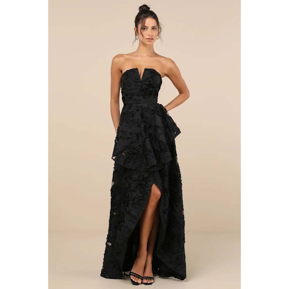 Lulus Majestic Glam Black Strapless Textured High-Low Maxi‎ Dress Size Medium - Picture 3 of 5